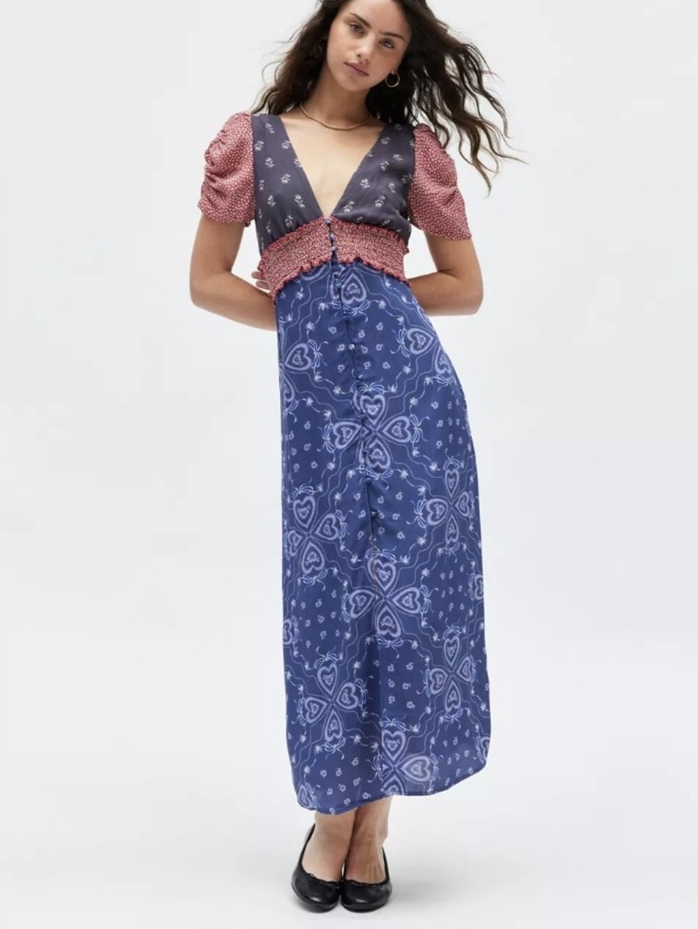 Kimchi Blue "Ioni" Boho Blue & Red V-neck Floral/Mixed-Print Maxi Dress (US L)